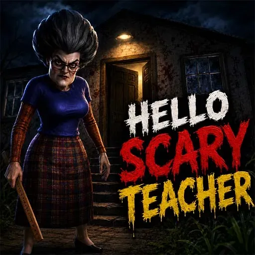 "Hello Scary Teacher game icon featuring a creepy teacher holding a ruler outside a haunted house in a spooky horror adventure game."