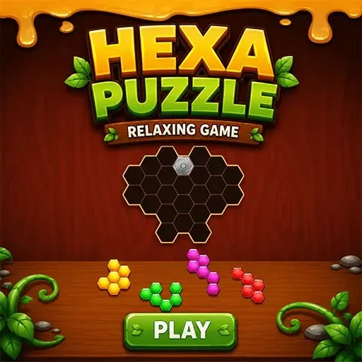 "Hexa Puzzle Relaxing Game icon featuring colorful hexagon puzzle pieces on a wooden board with a relaxing brain-teaser gameplay design."