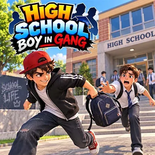 High School Boy in Gang game featuring a student running away from another student outside a high school while carrying a backpack.