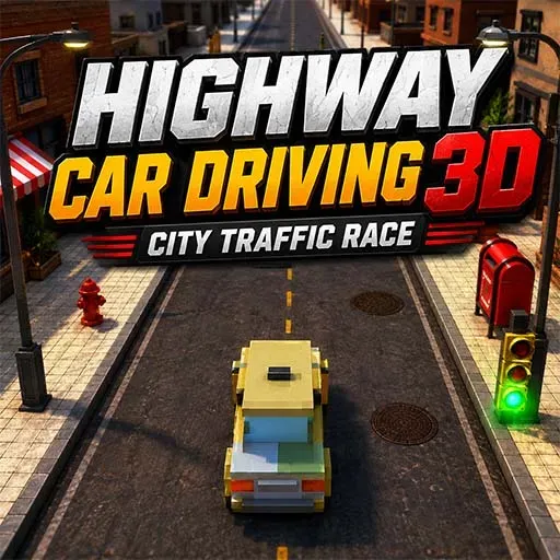 Highway Car Driving 3D – City Traffic Race game icon featuring a car driving through city streets with traffic lights and buildings