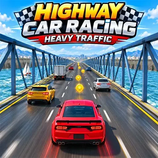 Highway Car Racing Heavy Traffic game icon featuring a red sports car driving on a bridge surrounded by heavy traffic, with trucks, cars, and glowing coins along the highway.