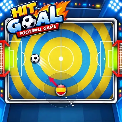 Hit Goal Football Game featuring a soccer ball moving across a colorful target-style football field toward a goal, with stadium lights and a red directional arrow showing the ball's path.