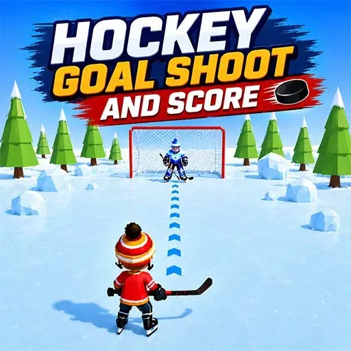 Hockey Goal Shoot and Score game icon featuring a hockey player aiming a puck toward a goal on a snowy outdoor rink