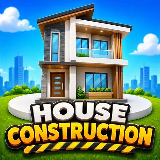 "House Construction game icon featuring a modern two-story house with contemporary architecture in a realistic home building and construction simulation game."