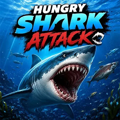 Hungry Shark Attack game with a large shark swimming underwater among fish.