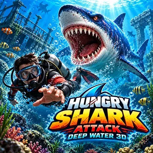 Hungry Shark Attack Deep Water 3D game icon featuring a diver underwater facing a large great white shark, surrounded by colorful coral, fish, bubbles, and a sunken structure.