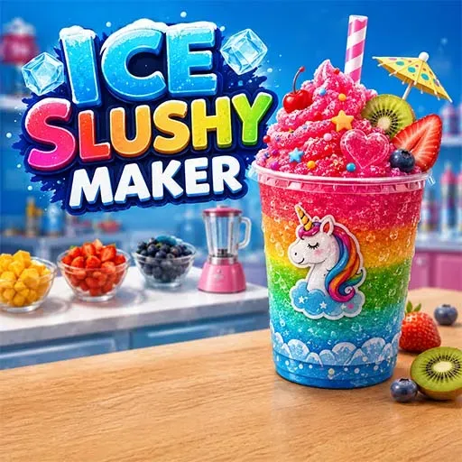 Ice Slushy Maker game icon featuring a colorful fruit slushy topped with berries, fruit, and a unicorn decoration