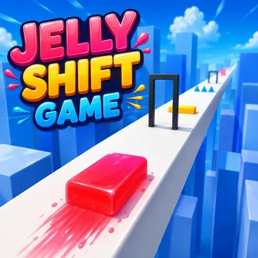 Jelly Shift Game with a red jelly shape moving along a platform toward obstacles.