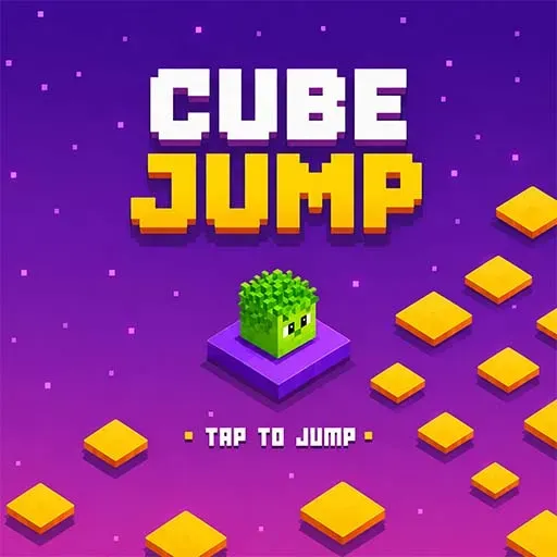 "Cube Jump game icon featuring a cute green cube jumping across floating platforms in a colorful endless arcade adventure."
