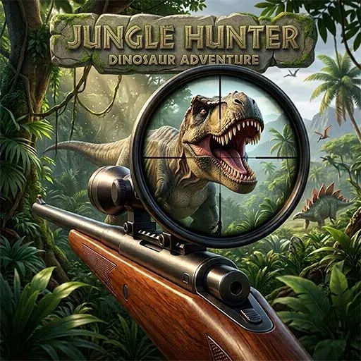 Jungle Hunter Dinosaur Adventure game icon featuring a hunting rifle aimed at a roaring dinosaur through a jungle scope