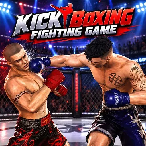 Kick Boxing Fighting Game featuring two muscular fighters exchanging punches inside a brightly lit fighting arena, with boxing gloves, an octagonal cage, and dramatic stadium lighting.