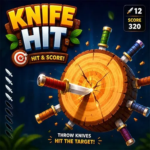 "Knife Hit game icon featuring knives thrown at a spinning wooden target in a fast-paced arcade challenge with score tracking and precision gameplay."