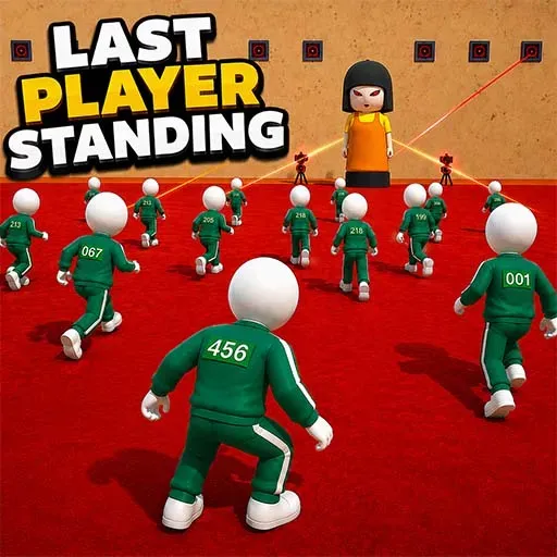 Last Player Standing game with players in green tracksuits on a red arena floor, facing a giant doll.