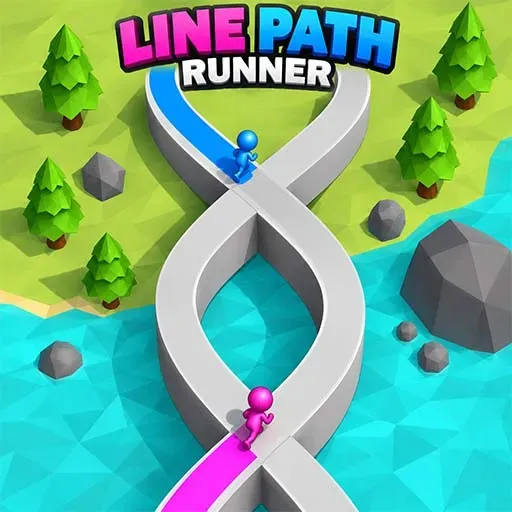 Line Path Runner game icon featuring two colorful characters running along an intertwined figure-eight path over water and a green landscape.