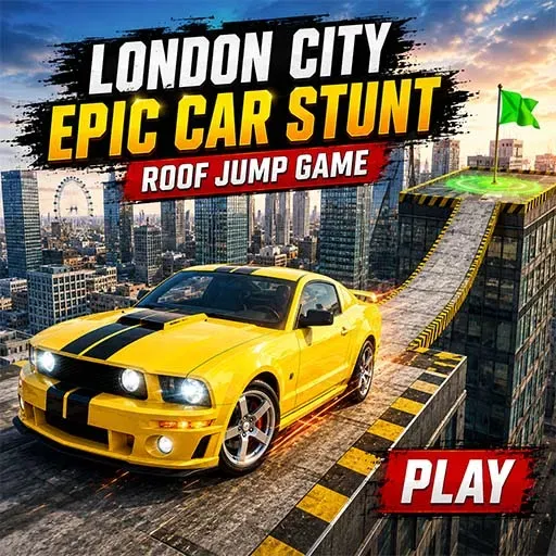 London City Epic Car Stunt Roof Jump game icon featuring a yellow sports car on a rooftop stunt ramp above the London city skyline