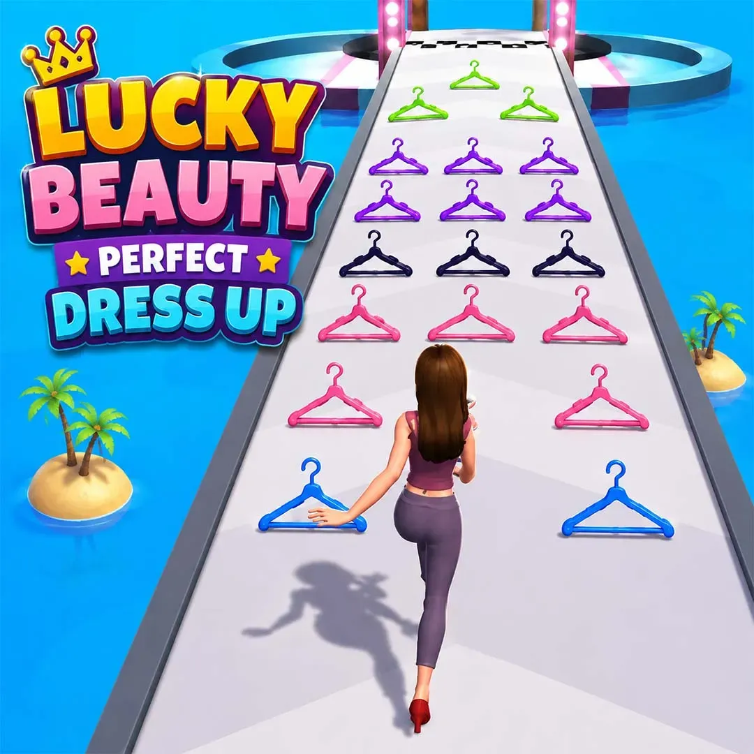 Lucky Beauty Perfect Dress Up game icon featuring a woman collecting colorful clothes hangers on a runway