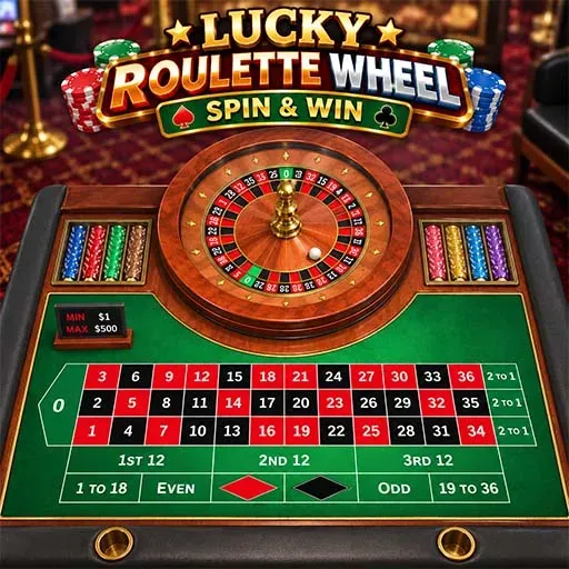Lucky Roulette Wheel Spin & Win Online Game featuring a roulette wheel, betting table, colorful chips, and casino elements.