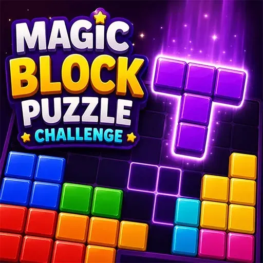 Magic Block Puzzle Challenge game featuring colorful block pieces arranged on a puzzle board in a fun and relaxing brain-training challenge