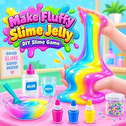 Make Fluffy Slime Jelly game icon featuring colorful rainbow slime being stretched by hand, with slime ingredients, mixing supplies, and bottles on a bright tabletop.