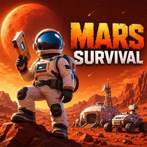 "Mars Survival game icon featuring an astronaut exploring the Martian surface with a futuristic base, rover, and red planet landscape in a sci-fi survival adventure."