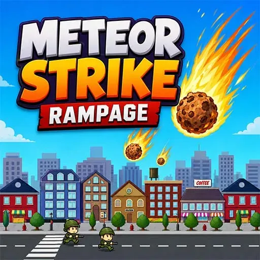 Meteor Strike Rampage game icon featuring meteors falling toward a colorful city with soldiers standing in the street
