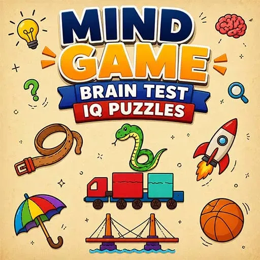 "Mind Game Brain Test IQ Puzzles game icon featuring brain teaser challenges with logic puzzles, a rocket, snake, train, bridge, and educational problem-solving elements."