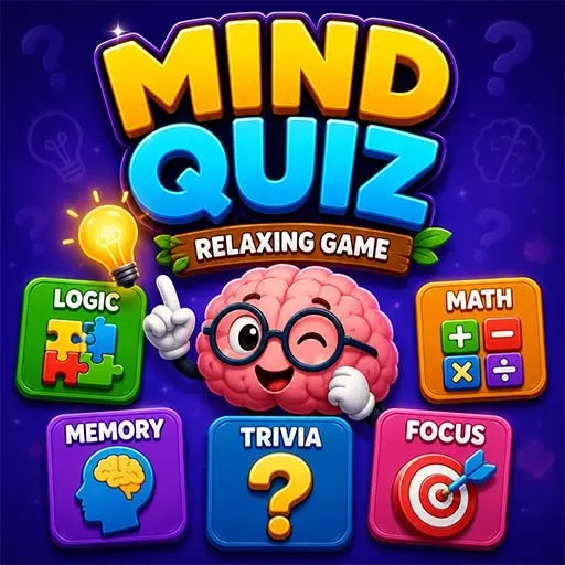 "Mind Quiz Relaxing Game icon featuring a smiling brain with logic, math, memory, trivia, and focus puzzle challenges on a colorful educational game screen."
