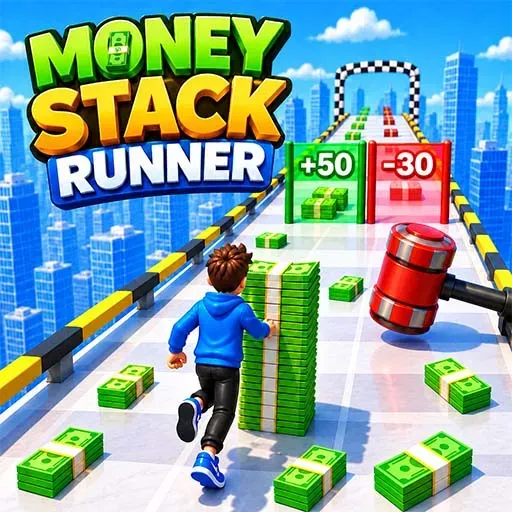 Money Stack Runner game featuring a runner collecting stacks of cash on an elevated track, with green and red gates, a large hammer obstacle, a city skyline, and a finish line ahead.