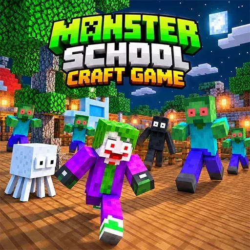 Monster School Craft Game icon featuring block-style monsters, a colorful zombie-like character, a small white creature, and a nighttime pixel-art school environment.