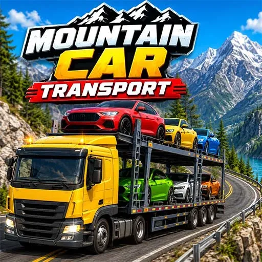 Mountain Car Transport game icon featuring a car carrier truck transporting sports cars through mountain roads