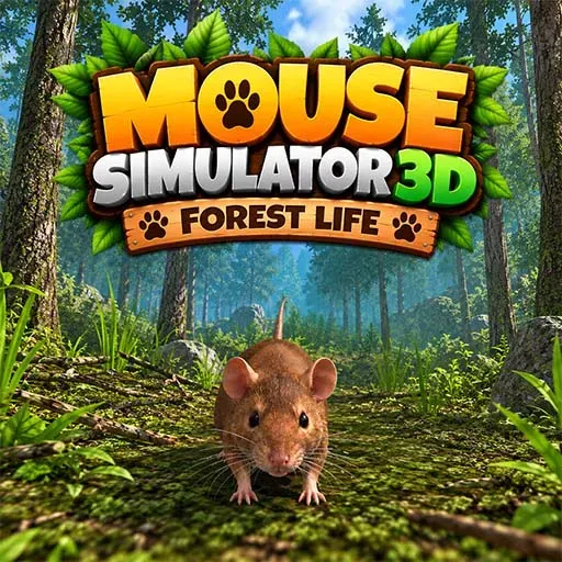 Mouse Simulator 3D game icon featuring a small mouse standing on a forest path surrounded by trees and greenery.