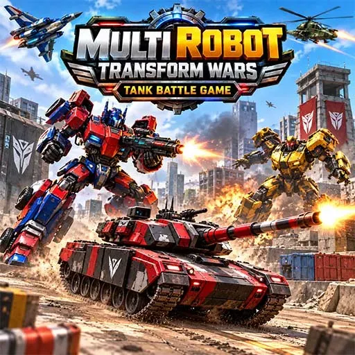 Multi Robot Transform Wars game icon featuring red and yellow transforming robots, a battle tank, fighter jets, helicopters, and an urban battlefield with explosions.