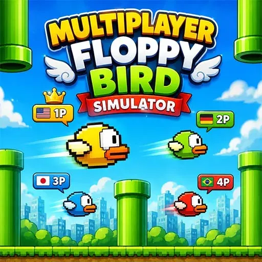 "Multiplayer Floppy Bird Simulator game icon featuring colorful pixel birds flying through green pipes in a retro-style multiplayer arcade game."