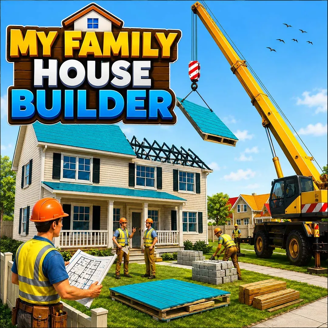 My Family House Builder game icon featuring construction workers building a family house with a large crane and building materials