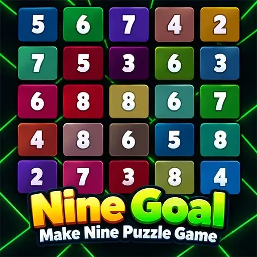 Nine Goal Make Nine Puzzle Game featuring a colorful grid of numbered tiles from 2 to 8, with bright neon effects and a vibrant game board.
