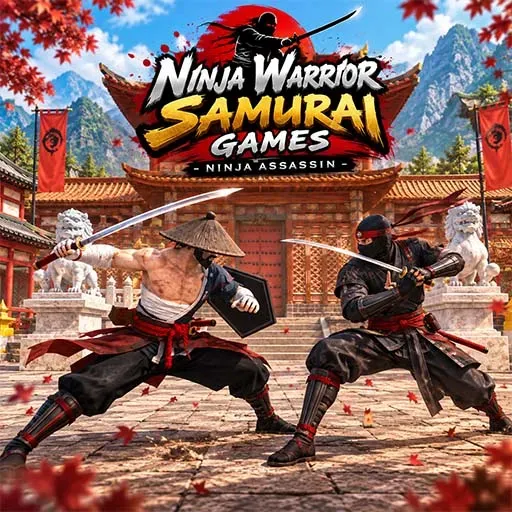 Ninja Warrior Samurai Games icon featuring two samurai warriors fighting with swords in a traditional Japanese temple courtyard.