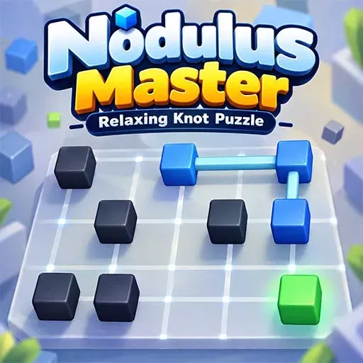 Nodulus Master game icon featuring blue, black, and green cubes connected by a bar on a grid-based puzzle board.