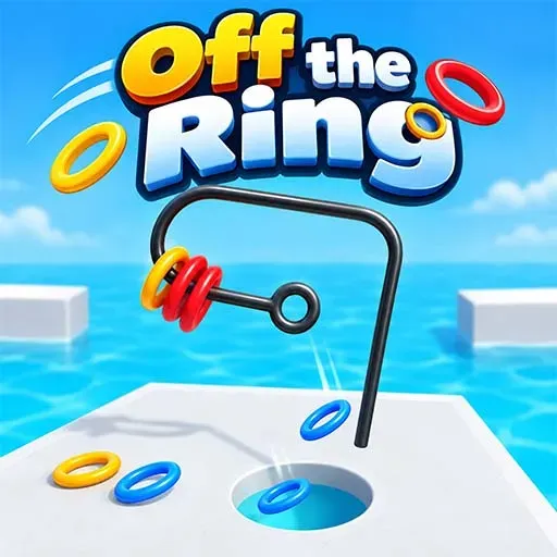 Off the Ring game icon featuring colorful rings being placed and knocked off a curved metal obstacle over a bright blue water background.