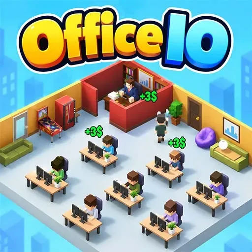 Office.io game icon showing a colorful cartoon office with employees working at computers, a reception desk, office furniture, plants, and green money indicators.