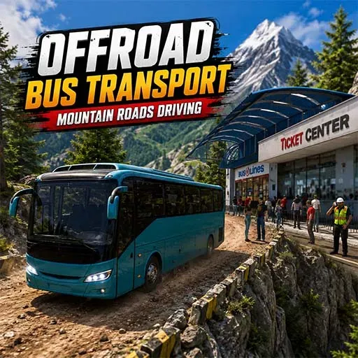 Offroad Bus Transport – Mountain Roads Driving game icon featuring a blue bus driving on a rugged mountain road near a ticket center