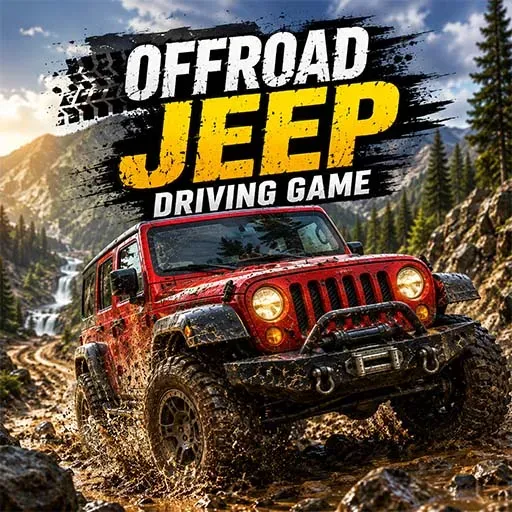 Offroad Jeep Driving Game icon featuring a red Jeep driving through muddy rocky terrain in a mountainous forest landscape