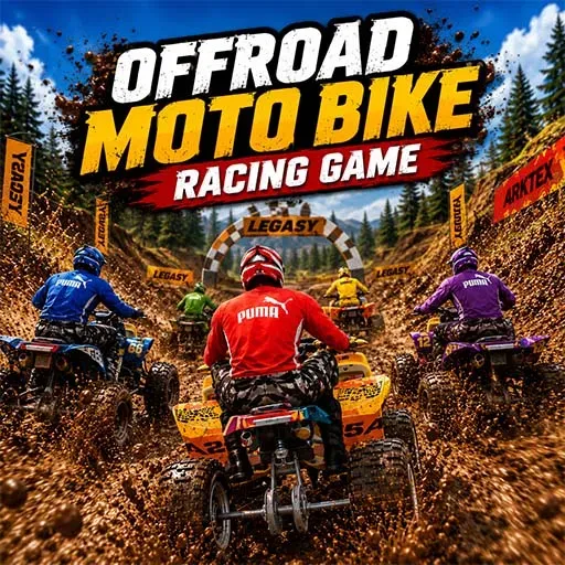 "Offroad Moto Bike Racing Game icon featuring riders racing powerful quad bikes through a muddy off-road track during an intense motocross championship."