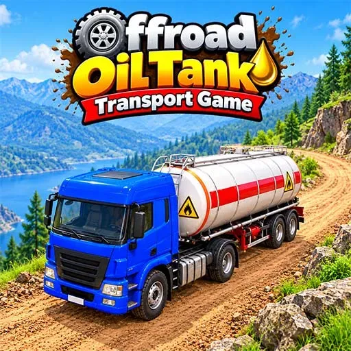 Offroad Oil Tank Transport game icon featuring a blue tanker truck carrying an oil tank on a rugged mountain road beside a scenic lake.