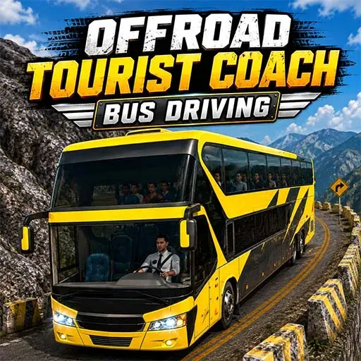 Offroad Tourist Coach Bus Driving game with a yellow coach bus traveling on a winding mountain road.