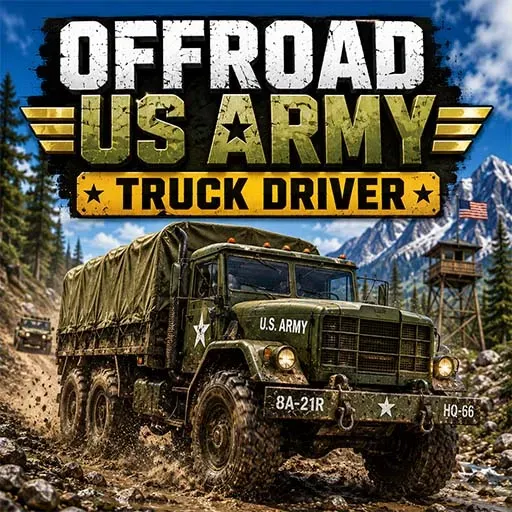 Offroad US Army Truck Driver game featuring a military cargo truck driving through rugged mountain terrain in a realistic off-road transport simulation