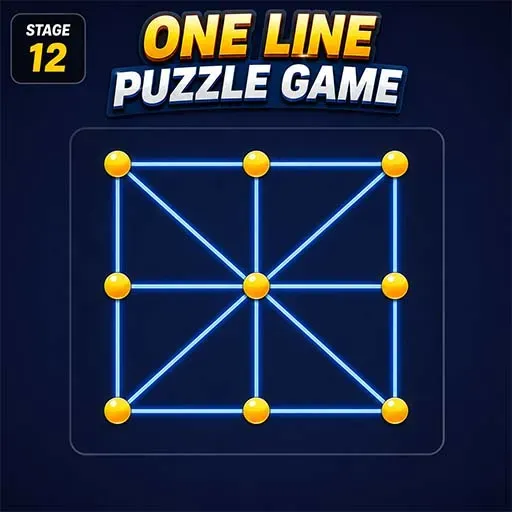 One Line Puzzle Game icon featuring a connected grid of glowing blue lines and yellow nodes for a one-line drawing puzzle
