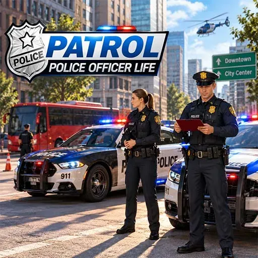 Patrol Police Officer Life game icon showing two police officers standing beside police cars on a city street, with a red bus, helicopter, downtown buildings, and police patrol equipment in the background.
