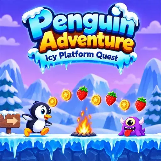 Penguin Adventure game icon featuring a penguin on an icy platform, collecting coins and strawberries while facing a purple monster in a snowy mountain landscape.