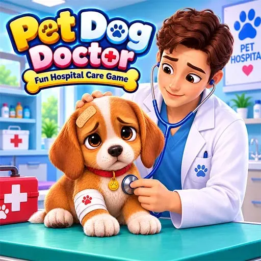 Pet Dog Doctor Fun Hospital Care Game featuring a veterinarian examining an injured puppy with a stethoscope in a pet hospital.