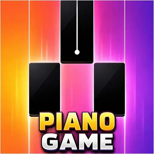 "Piano Game icon featuring colorful piano tiles in a rhythm music challenge with fast-paced tap gameplay and vibrant neon design."